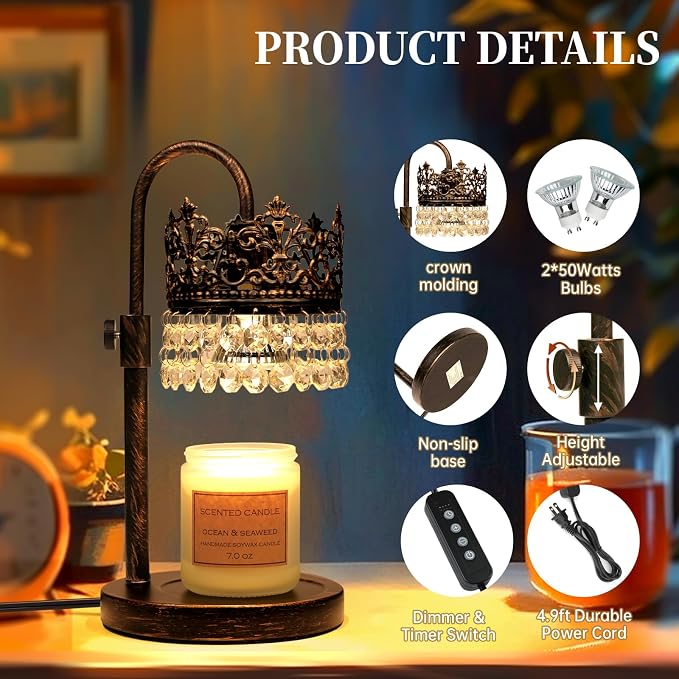 Candle Warmer Lamp with Timer Dimmer Adjustable Height with 2 Bulbs Crystal Candle Lamp Elegant Home Decor for Valentine's