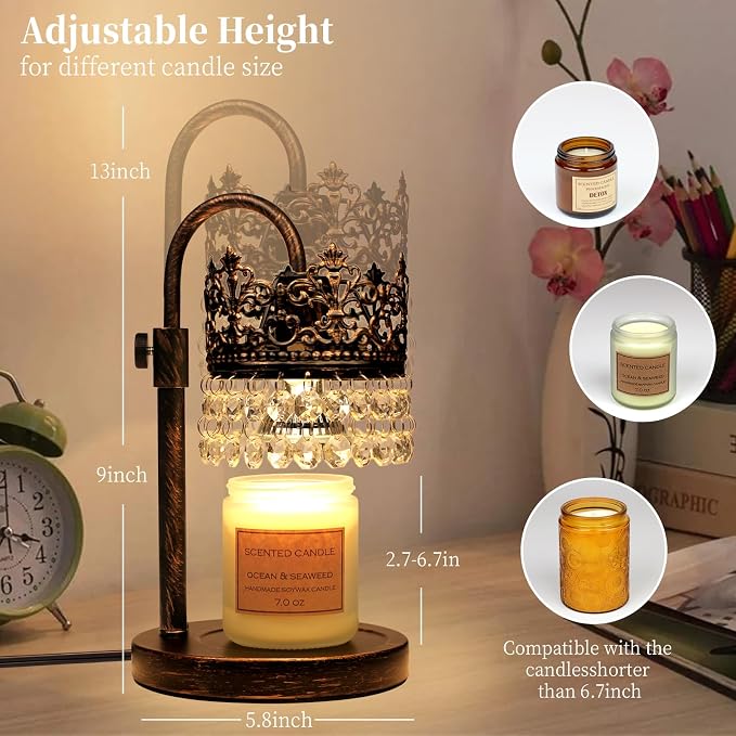 Candle Warmer Lamp with Timer Dimmer Adjustable Height with 2 Bulbs Crystal Candle Lamp Elegant Home Decor for Valentine's