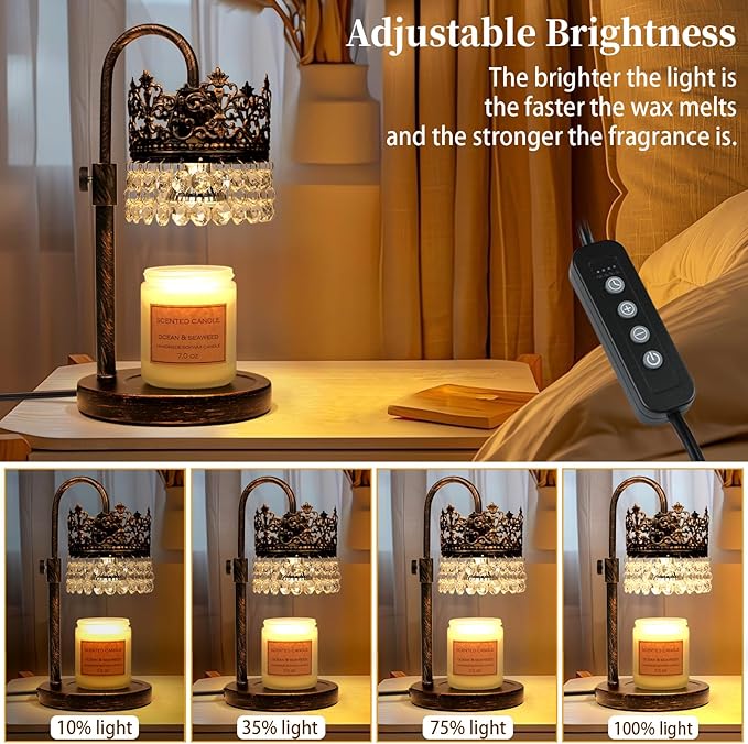 Candle Warmer Lamp with Timer Dimmer Adjustable Height with 2 Bulbs Crystal Candle Lamp Elegant Home Decor for Valentine's