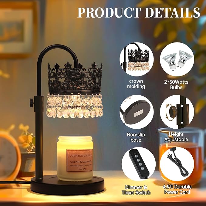 Candle Warmer Lamp with Timer Dimmer Adjustable Height with 2 Bulbs Crystal Candle Lamp Elegant Home Decor for Valentine's