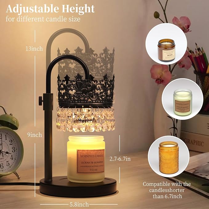 Candle Warmer Lamp with Timer Dimmer Adjustable Height with 2 Bulbs Crystal Candle Lamp Elegant Home Decor for Valentine's