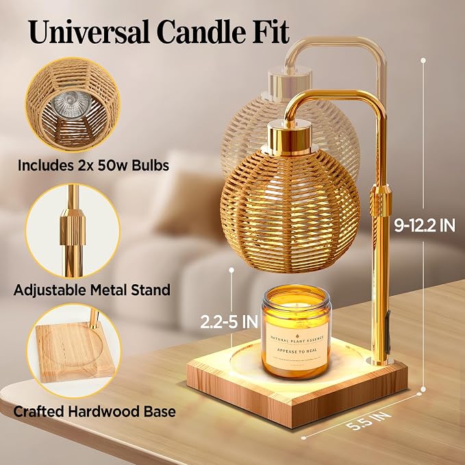 Candle Warmer Lamp with Timer Dimmer, Adjustable Height Candle Warmer with 2 Bulbs, Heat-Resistant Lampshade, Melt Wax Warmer