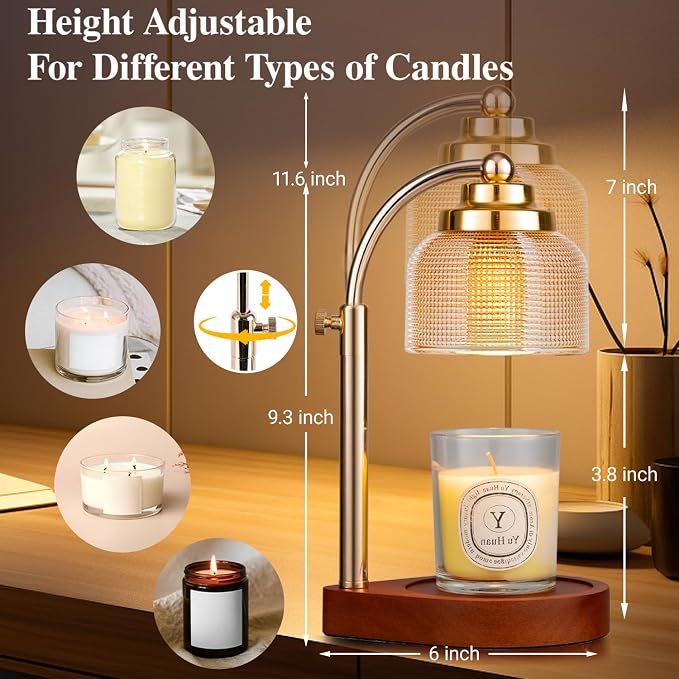 Candle Warmer Lamp with Timer Dimmer, Adjustable Height Wax Melt Warmer for Jar Candles, Vintage Home Decor & Aesthetic
