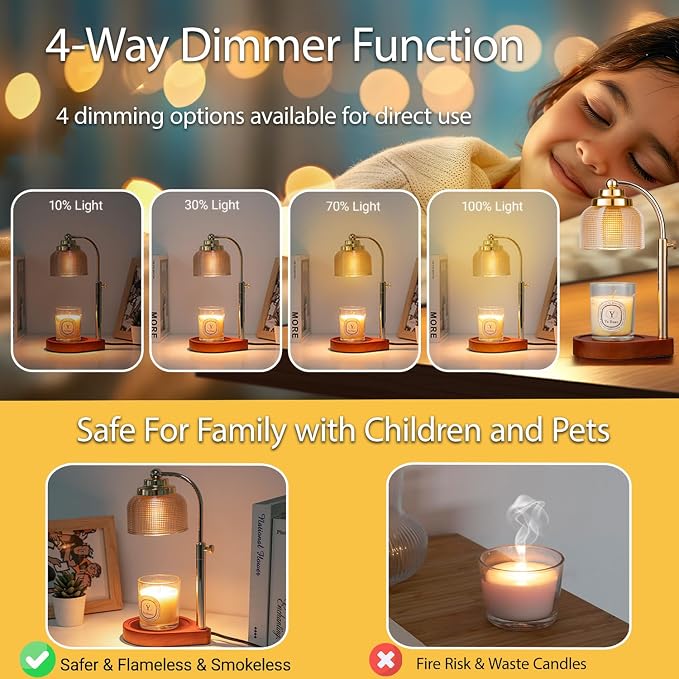 Candle Warmer Lamp with Timer Dimmer, Adjustable Height Wax Melt Warmer for Jar Candles, Vintage Home Decor & Aesthetic