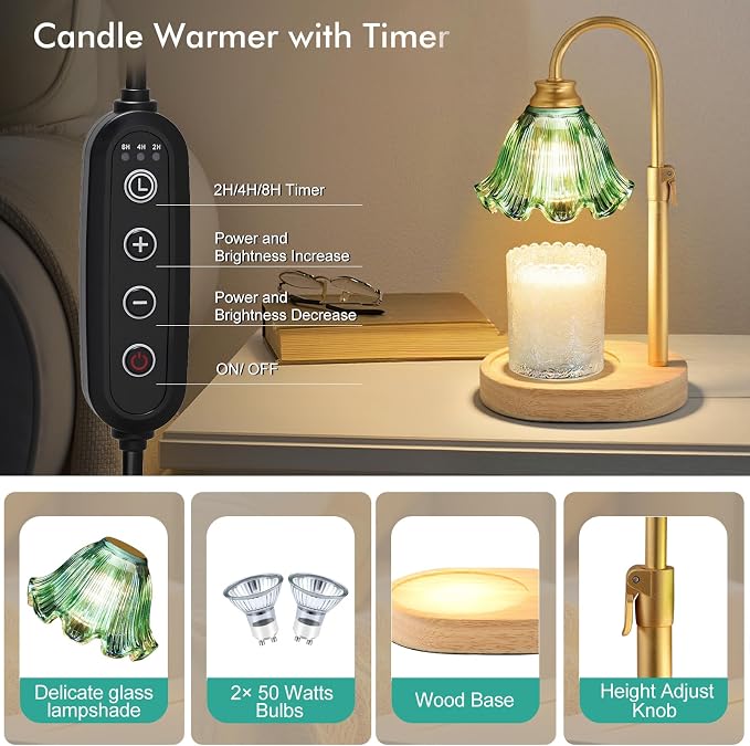 Candle Warmer Lamp with Timer & Dimmer, Adjustable Height Electric Wax Melt Warmer for Scented Jar Candles, Home Fragrance