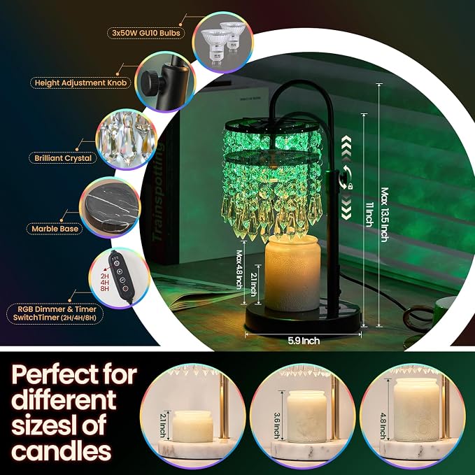 Candle Warmer Lamp with Timer Dimmer and 3 Bulbs, Lamp Candle Warmer with Marble Base,Wax Melt Warmer for Jar Candles