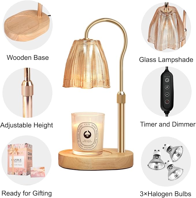 Candle Warmer Lamp with Timer & Dimmer, Candle Warmer Height Adjustable, Fits All Jar Scented Candles, Candle Lamp with 3