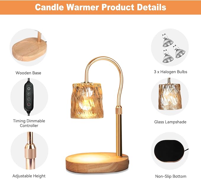 Candle Warmer Lamp with Timer & Dimmer, Candle Warmer Height Adjustable, Fits All Jar Scented Candles, Candle Lamp with 3
