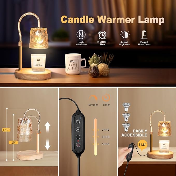 Candle Warmer Lamp with Timer & Dimmer, Candle Warmer Height Adjustable, Fits All Jar Scented Candles, Candle Lamp with 3