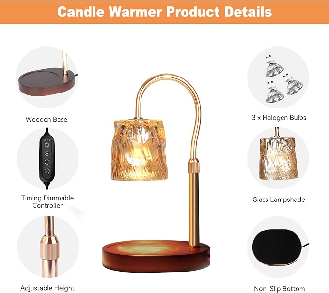 Candle Warmer Lamp with Timer & Dimmer, Candle Warmer Height Adjustable, Fits All Jar Scented Candles, alternate product view