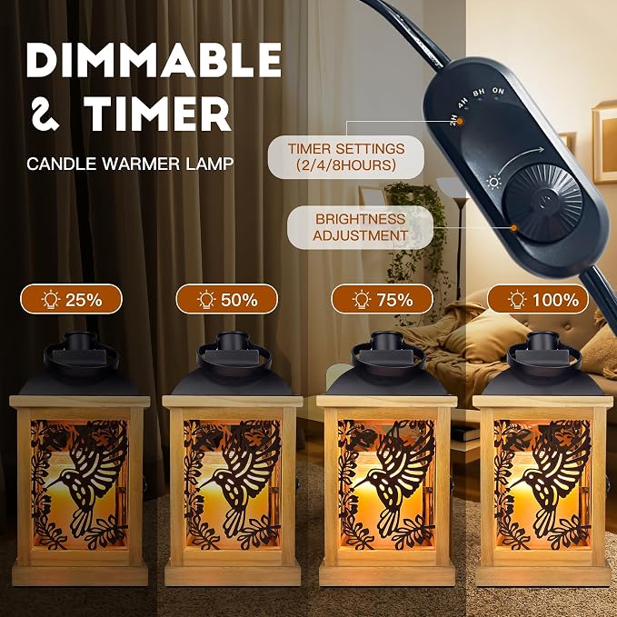 Candle Warmer Lamp with Timer Dimmer Farmhouse Lantern for Top-Down Adjustable Candle Warmer, Wood Electric Lamp for Jar