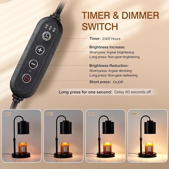 Candle Warmer Lamp with Timer & Dimmer, Height Adjustable Electric Wax Melt Warmer for Jar Candles, Gifts for Mom Home Decor