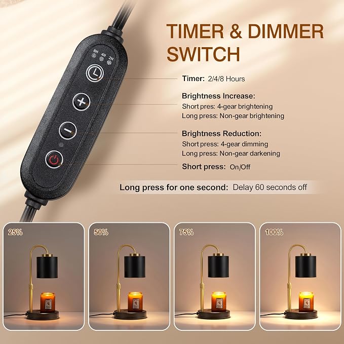 Candle Warmer Lamp with Timer & Dimmer, Height Adjustable Electric Wax Melt Warmer for Jar Candles, Gifts for Mom Home Decor
