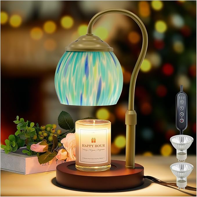 Candle Warmer Lamp with Timer Dimmer - Height Adjustable Wax Melt Warmer for Jar Candles, Blown Art Glass Candle Warming Lamp