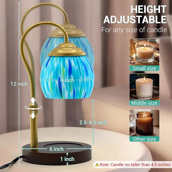 Candle Warmer Lamp with Timer Dimmer - Height Adjustable Wax Melt Warmer for Jar Candles, Blown Art Glass Candle Warming Lamp