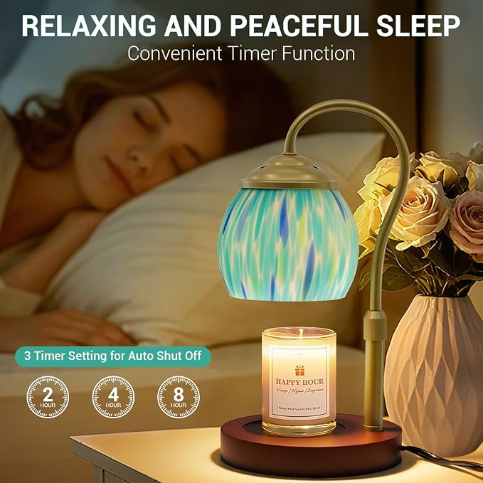 Candle Warmer Lamp with Timer Dimmer - Height Adjustable Wax Melt Warmer for Jar Candles, Blown Art Glass Candle Warming Lamp