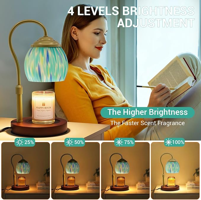 Candle Warmer Lamp with Timer Dimmer - Height Adjustable Wax Melt Warmer for Jar Candles, Blown Art Glass Candle Warming Lamp