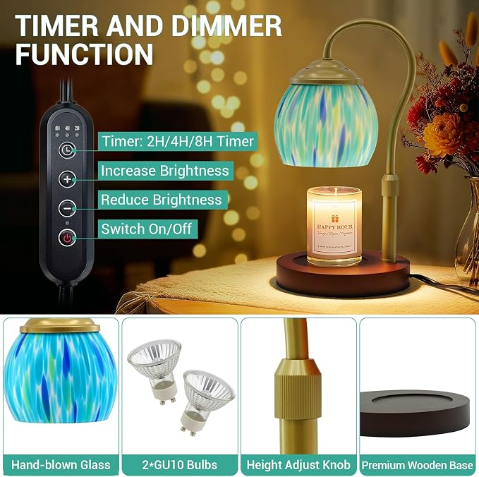 Candle Warmer Lamp with Timer Dimmer - Height Adjustable Wax Melt Warmer for Jar Candles, Blown Art Glass Candle Warming Lamp