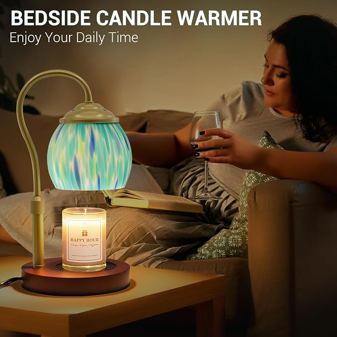 Candle Warmer Lamp with Timer Dimmer - Height Adjustable Wax Melt Warmer for Jar Candles, Blown Art Glass Candle Warming Lamp