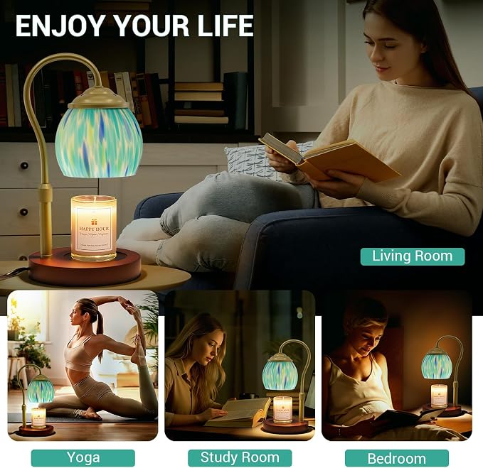 Candle Warmer Lamp with Timer Dimmer - Height Adjustable Wax Melt Warmer for Jar Candles, Blown Art Glass Candle Warming Lamp