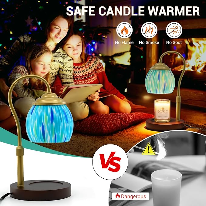Candle Warmer Lamp with Timer Dimmer - Height Adjustable Wax Melt Warmer for Jar Candles, Blown Art Glass Candle Warming Lamp