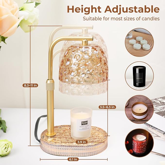 Candle Warmer Lamp with Timer Dimmer, Honeycomb Crystal Wax Melt Warmer for Jar Candles, Adjustable Height Wax Warmer Lamp