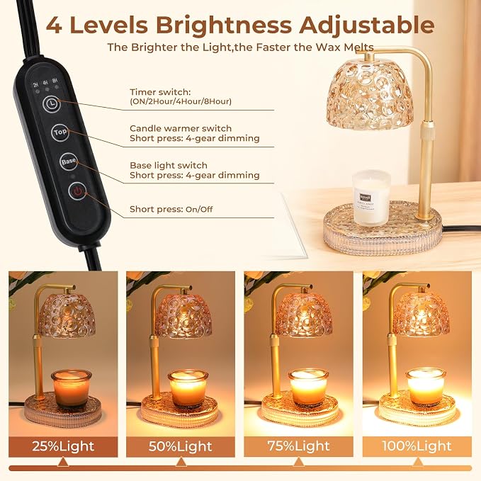 Candle Warmer Lamp with Timer Dimmer, Honeycomb Crystal Wax Melt Warmer for Jar Candles, Adjustable Height Wax Warmer Lamp