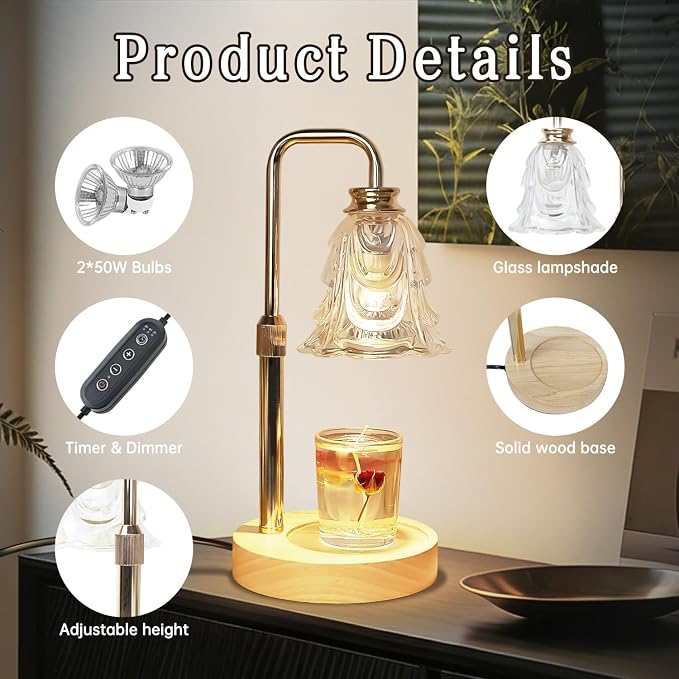 Candle Warmer Lamp with Timer Electric Adjustable Height Candle Warmer Dimmable Wax Warmer Lamp Jar Candles with 2 Bulbs for
