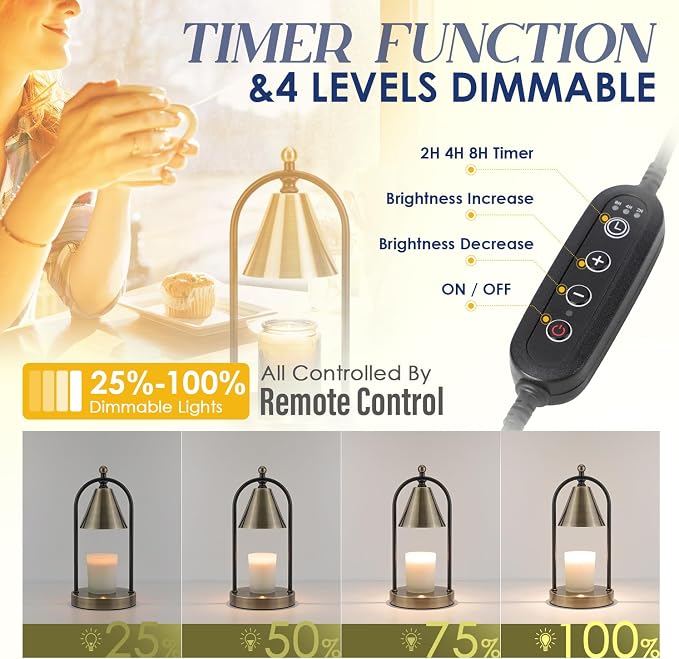 Candle Warmer Lamp with Timer, Electric Brass Light for Dimmable Wax Melts and Candle Jars, Bedroom Lamp Gifts for Women Home