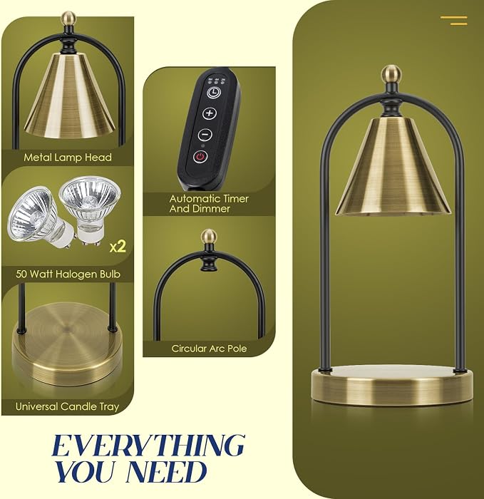 Candle Warmer Lamp with Timer, Electric Brass Light for Dimmable Wax Melts and Candle Jars, Bedroom Lamp Gifts for Women Home