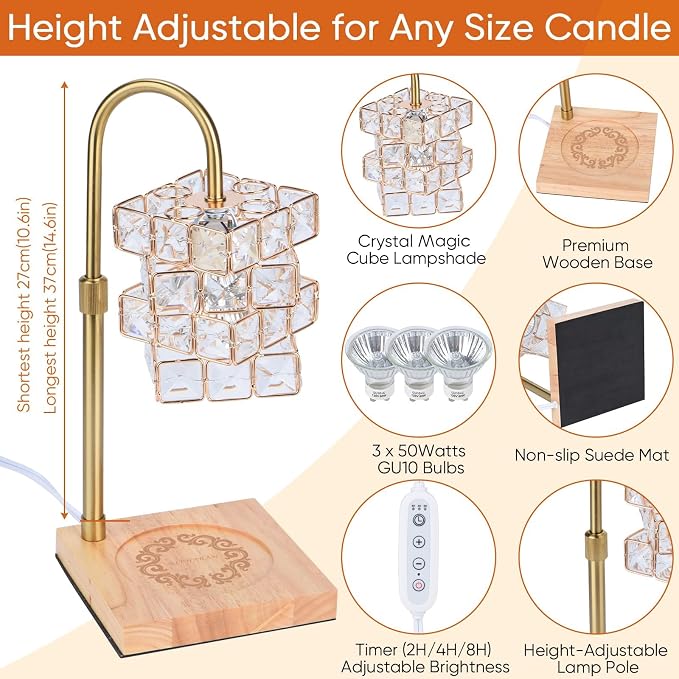 Candle Warmer Lamp with Timer,Electric Candle Warmer Dimmable and Height Adjustable Wax Melt Warmer for Scented Wax Jar
