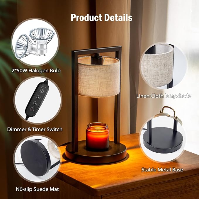Candle Warmer Lamp with Timer, Electric Candle Warmer for Jar Candles, Dimmable Warming Light with 2 Bulbs, House Warming
