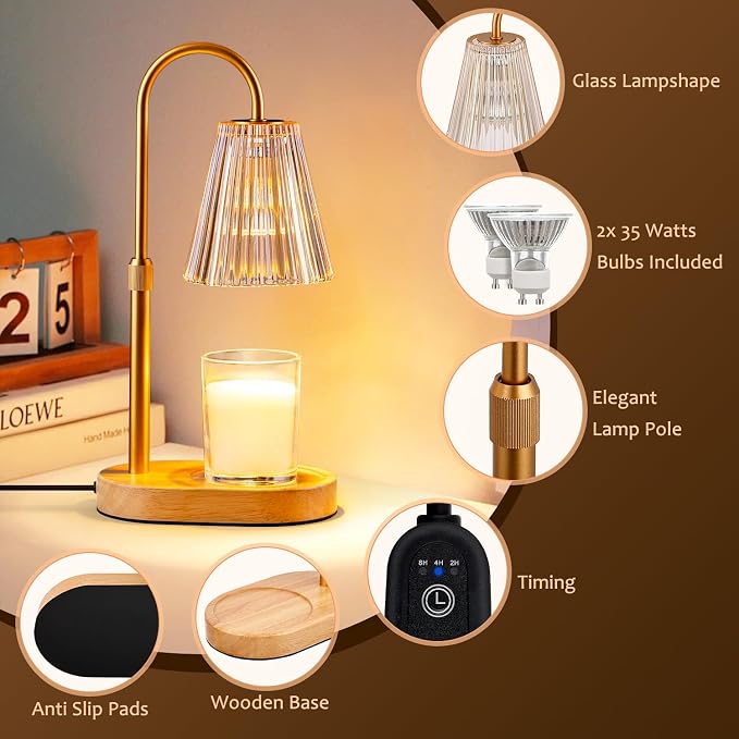 Candle Warmer Lamp with Timer - Electric Candles Wax Warmers Glass Lamps for Jar Candles Burner Adjustable Height and