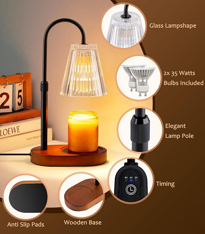 Candle Warmer Lamp with Timer - Electric Candles Wax Warmers Glass Lamps For Jar Candles Burner Adjustable Height and