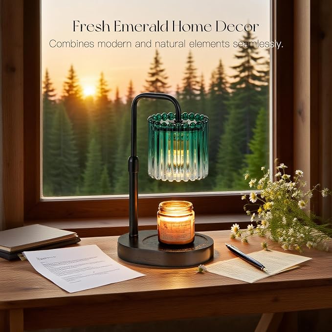 Candle Warmer Lamp with Timer: Emerald Green Candle Warming Lamp with 2 Bulbs Height Adjustable Wax Melt Dimmable Bedroom