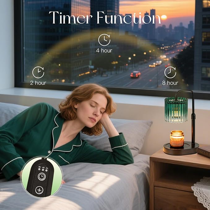 Candle Warmer Lamp with Timer: Emerald Green Candle Warming Lamp with 2 Bulbs Height Adjustable Wax Melt Dimmable Bedroom