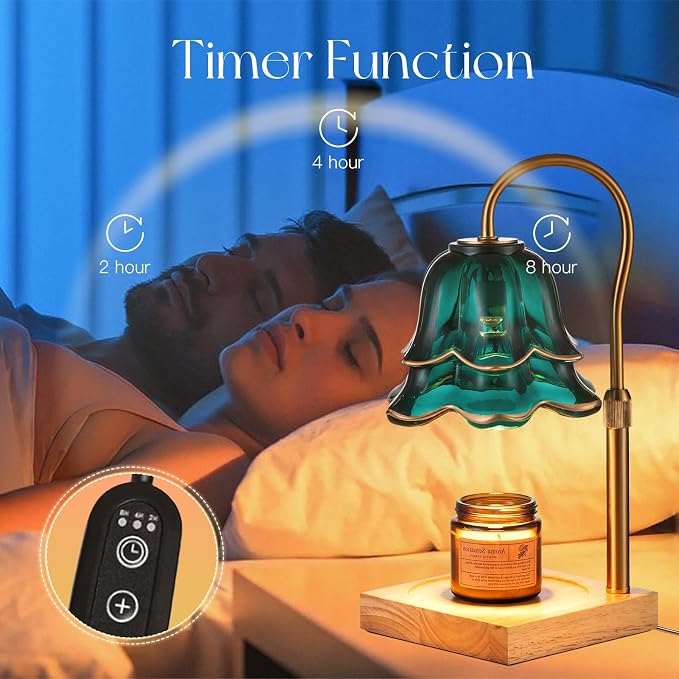 Candle Warmer Lamp with Timer: Flower Candle Warmer with 2 Bulbs Green Height Adjustable Candle Warming Lamps Home Bedroom