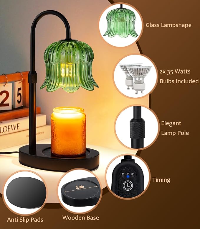 Candle Warmer Lamp with Timer, Flower Shape Candle Wax Warmer Lamp for Jar Tulip Candles Burner Dimmable Light No Flame