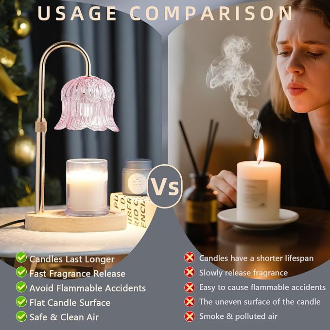 Candle Warmer Lamp with Timer: Flower Shape Wax Lamp Candles No Flame Home Decor Pink Candles Warming Lights, alternate