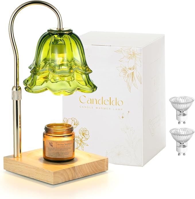 Candle Warmer Lamp with Timer: Green Flower Candle Warming Lamp with 2 Bulbs Height Adjustable Wax Warmer Dimmable Bedroom
