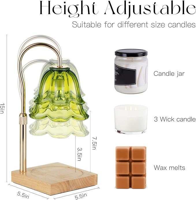 Candle Warmer Lamp with Timer: Green Flower Candle Warming Lamp with 2 Bulbs Height Adjustable Wax Warmer Dimmable Bedroom