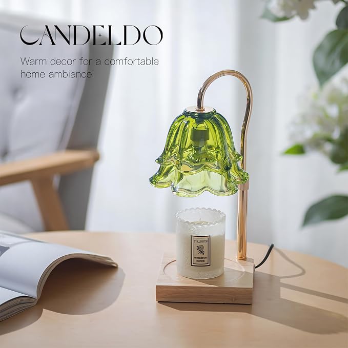 Candle Warmer Lamp with Timer: Green Flower Candle Warming Lamp with 2 Bulbs Height Adjustable Wax Warmer Dimmable Bedroom