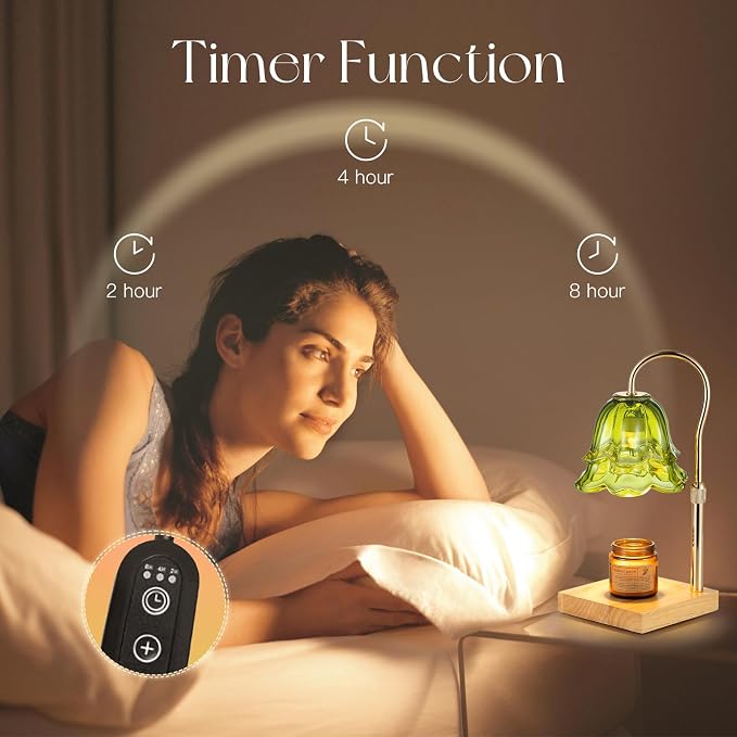 Candle Warmer Lamp with Timer: Green Flower Candle Warming Lamp with 2 Bulbs Height Adjustable Wax Warmer Dimmable Bedroom