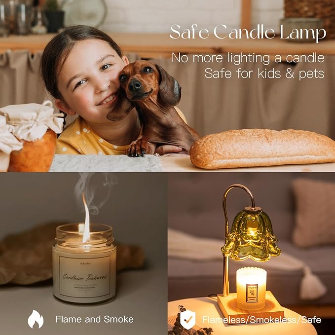 Candle Warmer Lamp with Timer: Green Flower Candle Warming Lamp with 2 Bulbs Height Adjustable Wax Warmer Dimmable Bedroom