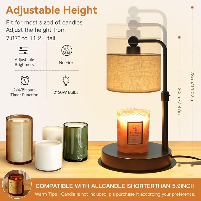 Candle Warmer Lamp with Timer, Height Adjustable Electric Candle Warmer Lamp with 2 Bulbs, House Warming Gifts, Vintage