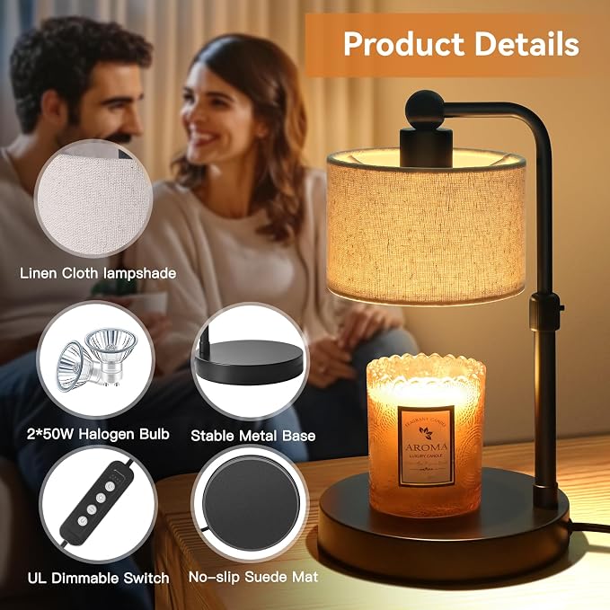 Candle Warmer Lamp with Timer, Height Adjustable Electric Candle Warmer Lamp with 2 Bulbs, House Warming Gifts, Vintage