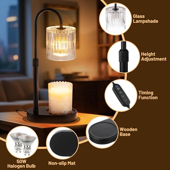 Candle Warmer Lamp with Timer: Modern Style Adjustable Height Candle Warmer Lamp Home Decor Safe Flame Free for Wax Blocks