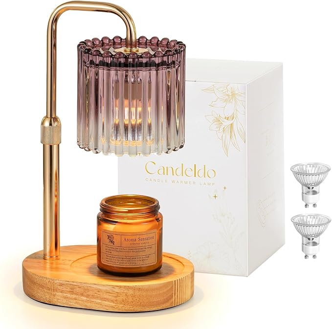 Candle Warmer Lamp with Timer: Purple Candle Warming Lamp with 2 Bulbs Height Adjustable Wax Melt Dimmable Bedroom Decor for