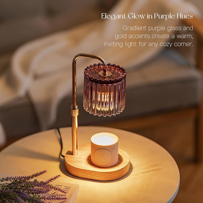 Candle Warmer Lamp with Timer: Purple Candle Warming Lamp with 2 Bulbs Height Adjustable Wax Melt Dimmable Bedroom Decor for