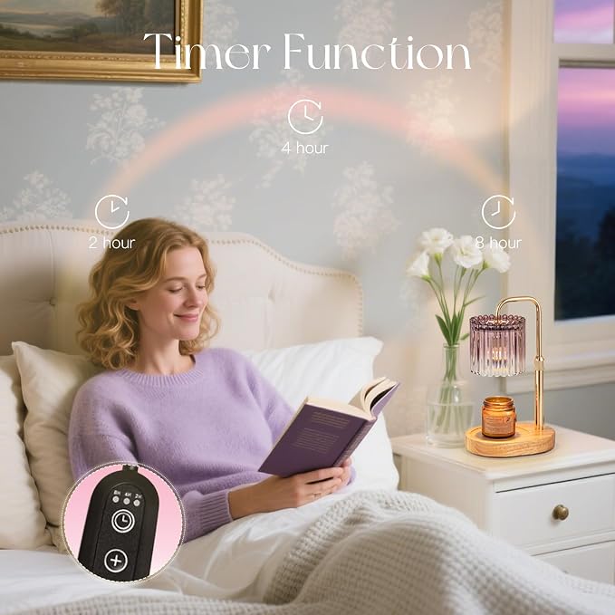 Candle Warmer Lamp with Timer: Purple Candle Warming Lamp with 2 Bulbs Height Adjustable Wax Melt Dimmable Bedroom Decor for